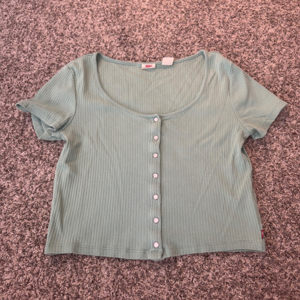 Levis Womens Sage Green Ribbed Button Front Crop Top Short Sleeve Size M